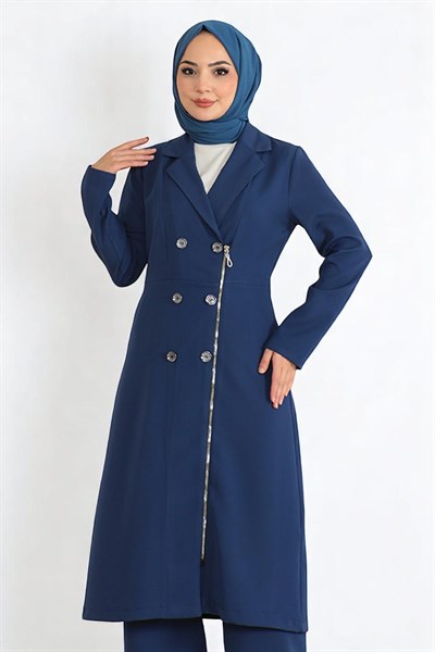 Düğme Detaylı Fermuarlı Takım İndigo 19219