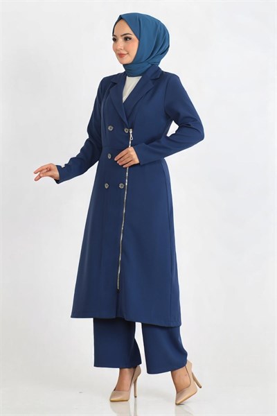 Düğme Detaylı Fermuarlı Takım İndigo 19219
