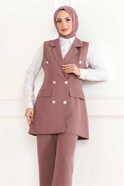 Düğme Detaylı İkili Takım Gül Kurusu 19231