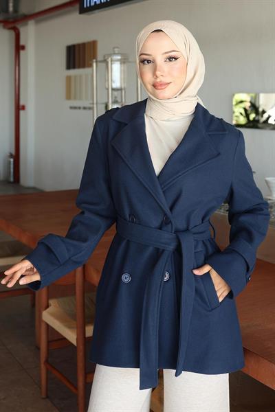 Düğme Detaylı Kaşe Kaban İndigo 19274