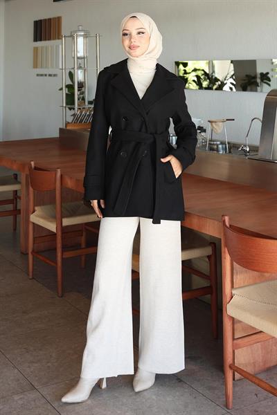 Düğme Detaylı Kaşe Kaban Siyah 19274