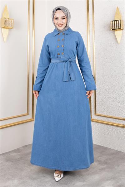 Düğme Detaylı Kot Elbise Açık Mavi 19366