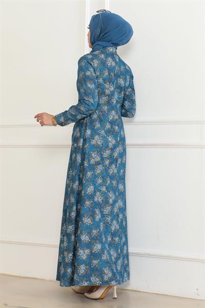 Düğme Detaylı Kot Elbise Açık Mavi 6128