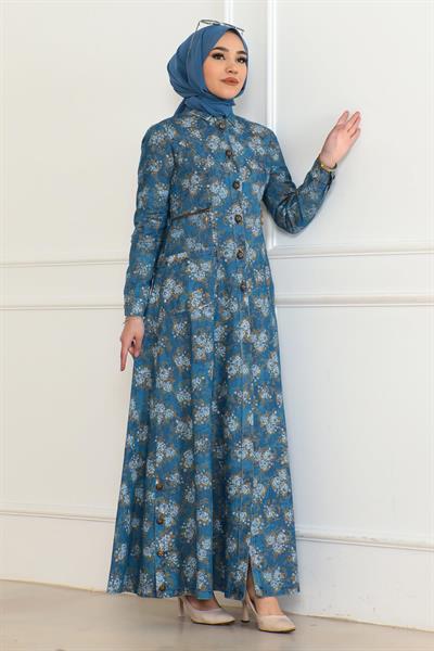 Düğme Detaylı Kot Elbise Açık Mavi 6128