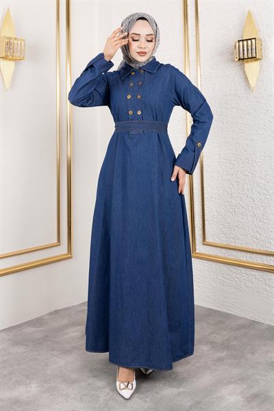 Düğme Detaylı Kot Elbise Koyu Mavi 19366