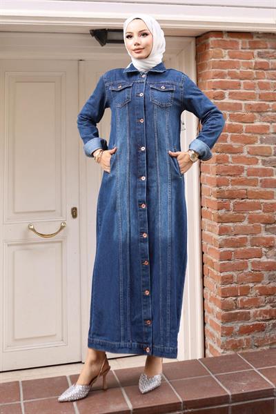 Düğme Detaylı Kot Ferace Koyu Mavi 6122