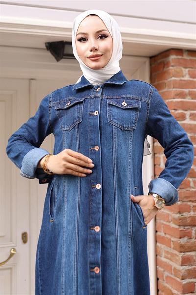 Düğme Detaylı Kot Ferace Koyu Mavi 6122