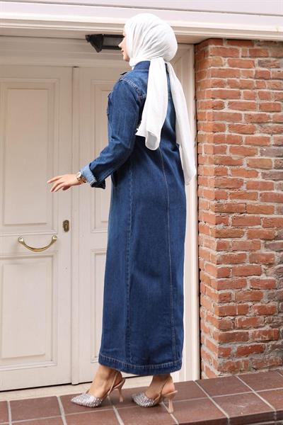 Düğme Detaylı Kot Ferace Koyu Mavi 6122