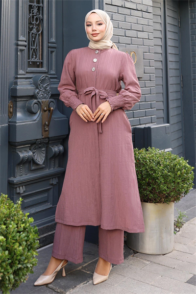 Düğme Detaylı Kuşaklı Takım Gül Kurusu 19291