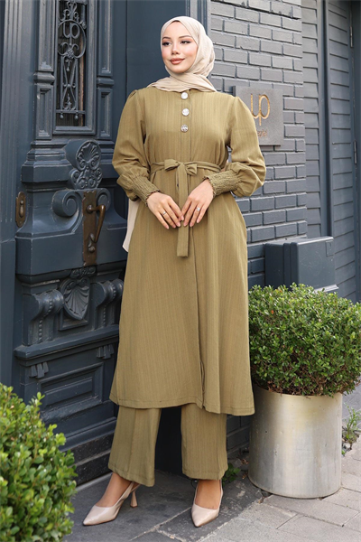 Düğme Detaylı Kuşaklı Takım Haki 19291