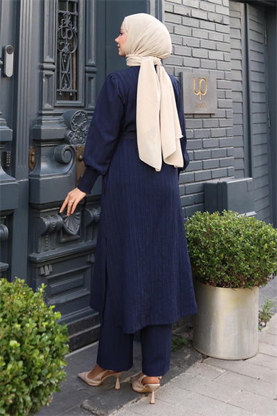 Düğme Detaylı Kuşaklı Takım Lacivert 19291