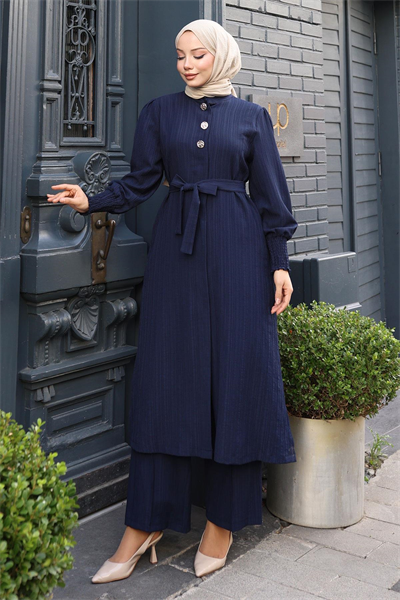 Düğme Detaylı Kuşaklı Takım Lacivert 19291