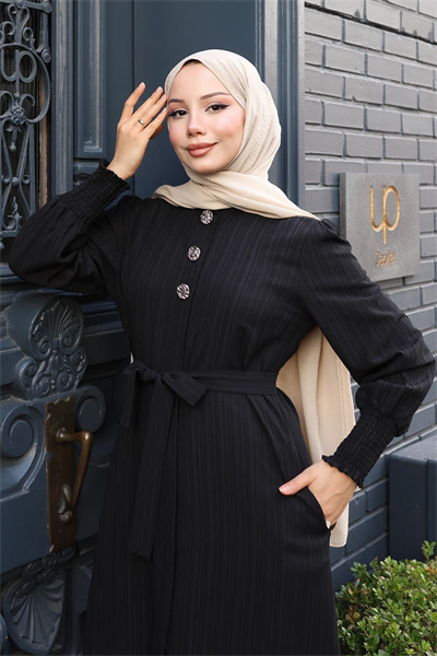 Düğme Detaylı Kuşaklı Takım Siyah 19291