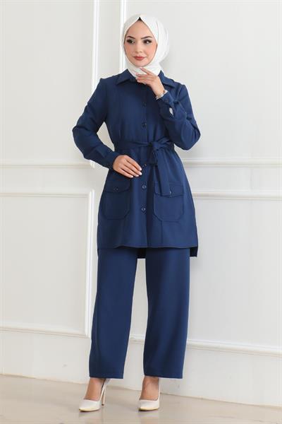 Düğme Detaylı Takım İndigo 19223