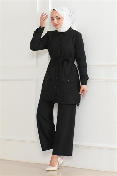Düğme Detaylı Takım Siyah 19223