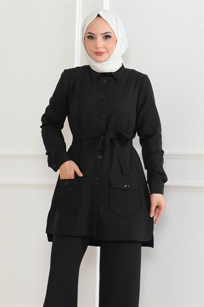 Düğme Detaylı Takım Siyah 19223
