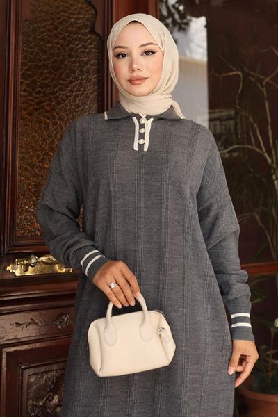 Düğme Detaylı Triko Elbise Gri 6153