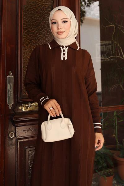 Düğme Detaylı Triko Elbise Kahverengi 6153