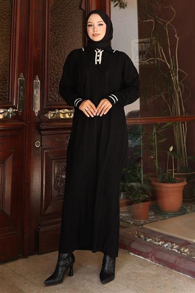 Düğme Detaylı Triko Elbise Siyah 6153