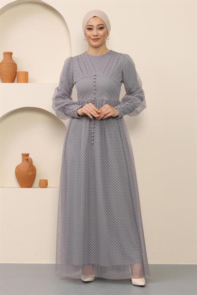 Düğme Detaylı Tül Abiye Gri 12237