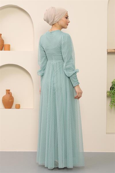 Düğme Detaylı Tül Abiye Mint 12237