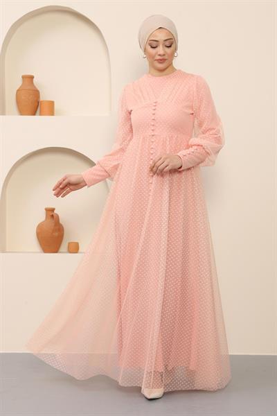 Düğme Detaylı Tül Abiye Pudra 12237