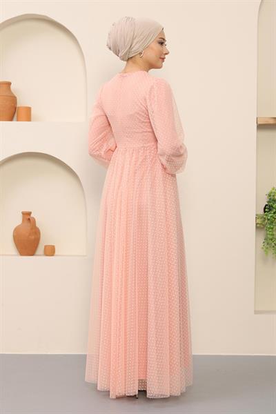 Düğme Detaylı Tül Abiye Pudra 12237