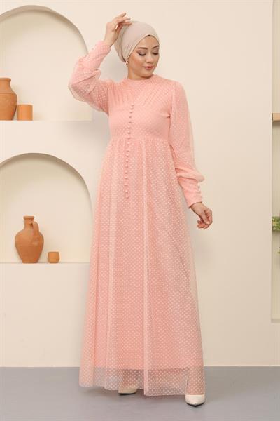 Düğme Detaylı Tül Abiye Pudra 12237