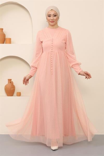 Düğme Detaylı Tül Abiye Pudra 12237