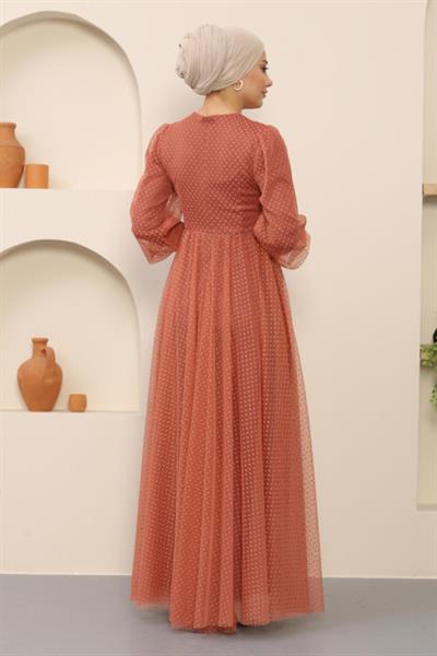 Düğme Detaylı Tül Abiye Somon 12237