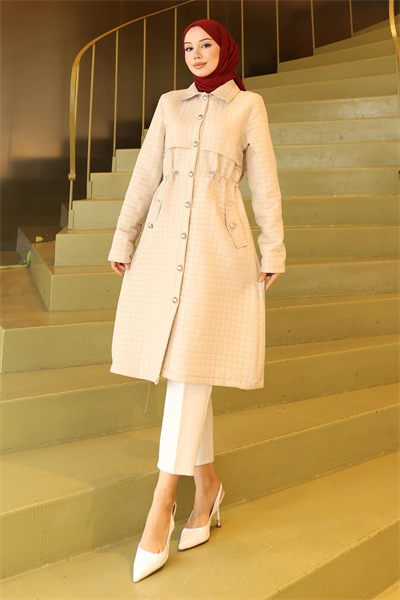 Düğmeli Beli Bağcıklı Kapitone Kap Bej 19289