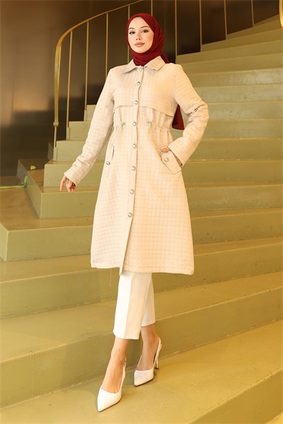 Düğmeli Beli Bağcıklı Kapitone Kap Bej 19289