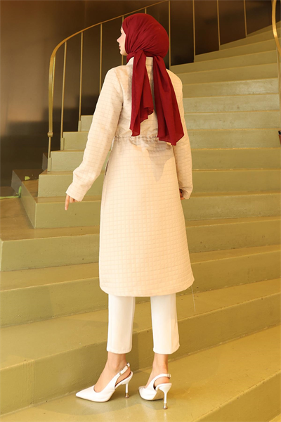 Düğmeli Beli Bağcıklı Kapitone Kap Bej 19289