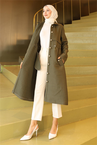 Düğmeli Beli Bağcıklı Kapitone Kap Haki 19289