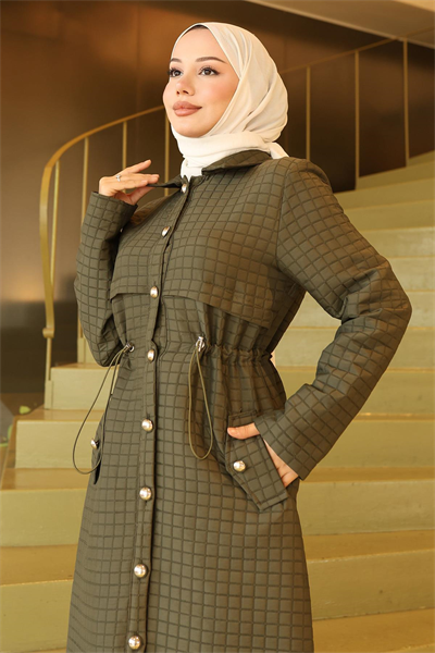 Düğmeli Beli Bağcıklı Kapitone Kap Haki 19289