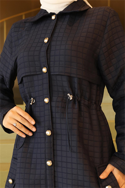 Düğmeli Beli Bağcıklı Kapitone Kap Lacivert 19289