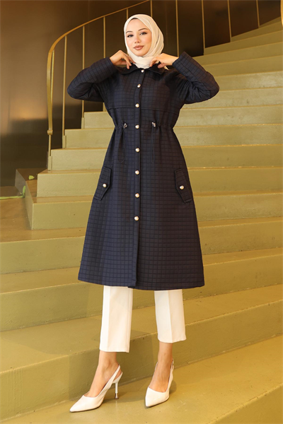 Düğmeli Beli Bağcıklı Kapitone Kap Lacivert 19289