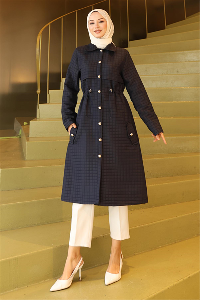 Düğmeli Beli Bağcıklı Kapitone Kap Lacivert 19289