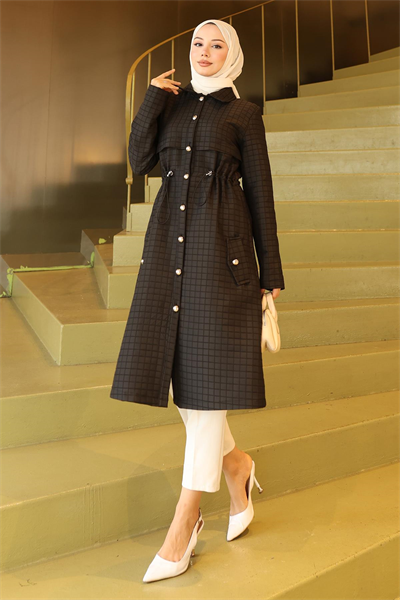 Düğmeli Beli Bağcıklı Kapitone Kap Siyah 19289