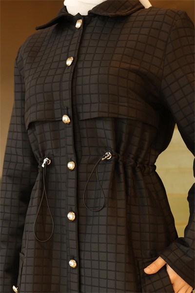 Düğmeli Beli Bağcıklı Kapitone Kap Siyah 19289