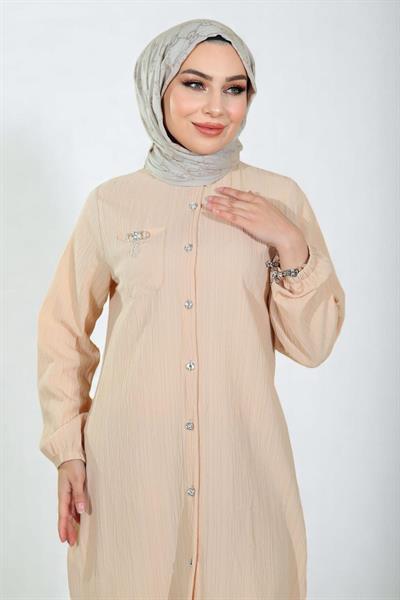 Düğmeli Broş Detaylı Takım Bej 19178