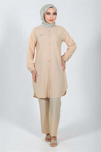 Düğmeli Broş Detaylı Takım Bej 19178