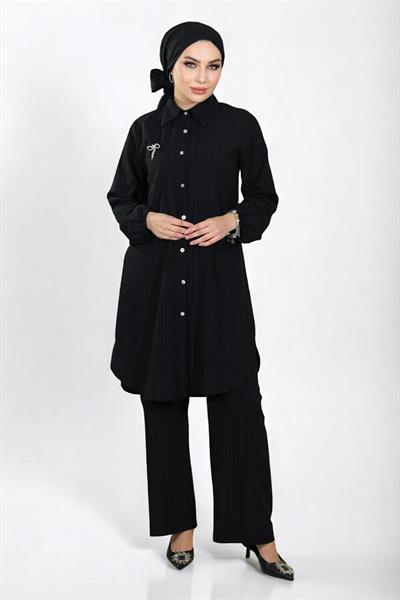 Düğmeli Broş Detaylı Takım Siyah 19178