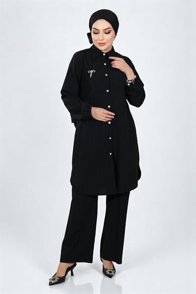 Düğmeli Broş Detaylı Takım Siyah 19178