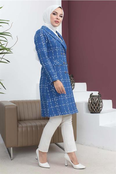 Düğmeli Geniş Yaka Kaşe Kaban İndigo 19177