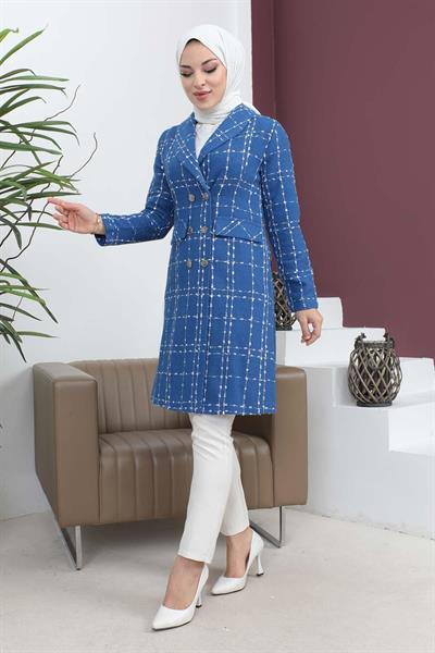 Düğmeli Geniş Yaka Kaşe Kaban İndigo 19177