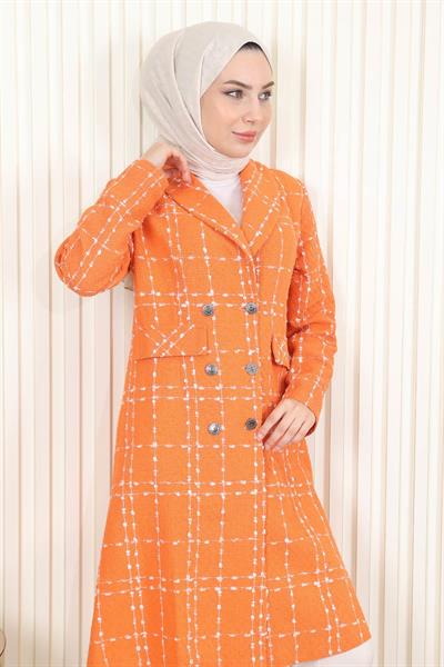 Düğmeli Geniş Yaka Kaşe Kaban Turuncu 19177