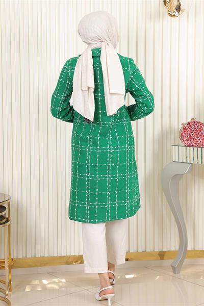 Düğmeli Geniş Yaka Kaşe Kaban Zümrüt 19177
