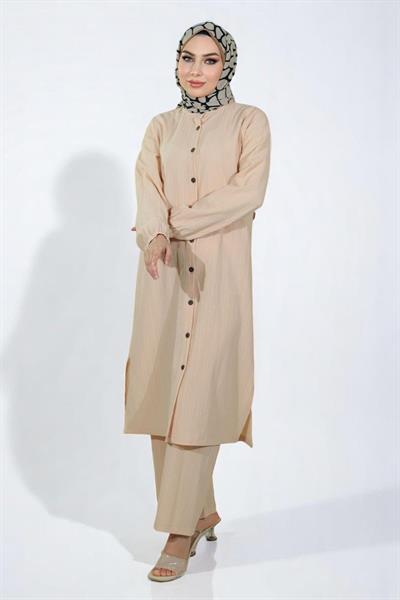 Düğmeli İkili Takım Bej 19179