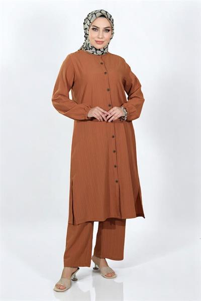 Düğmeli İkili Takım Taba 19179